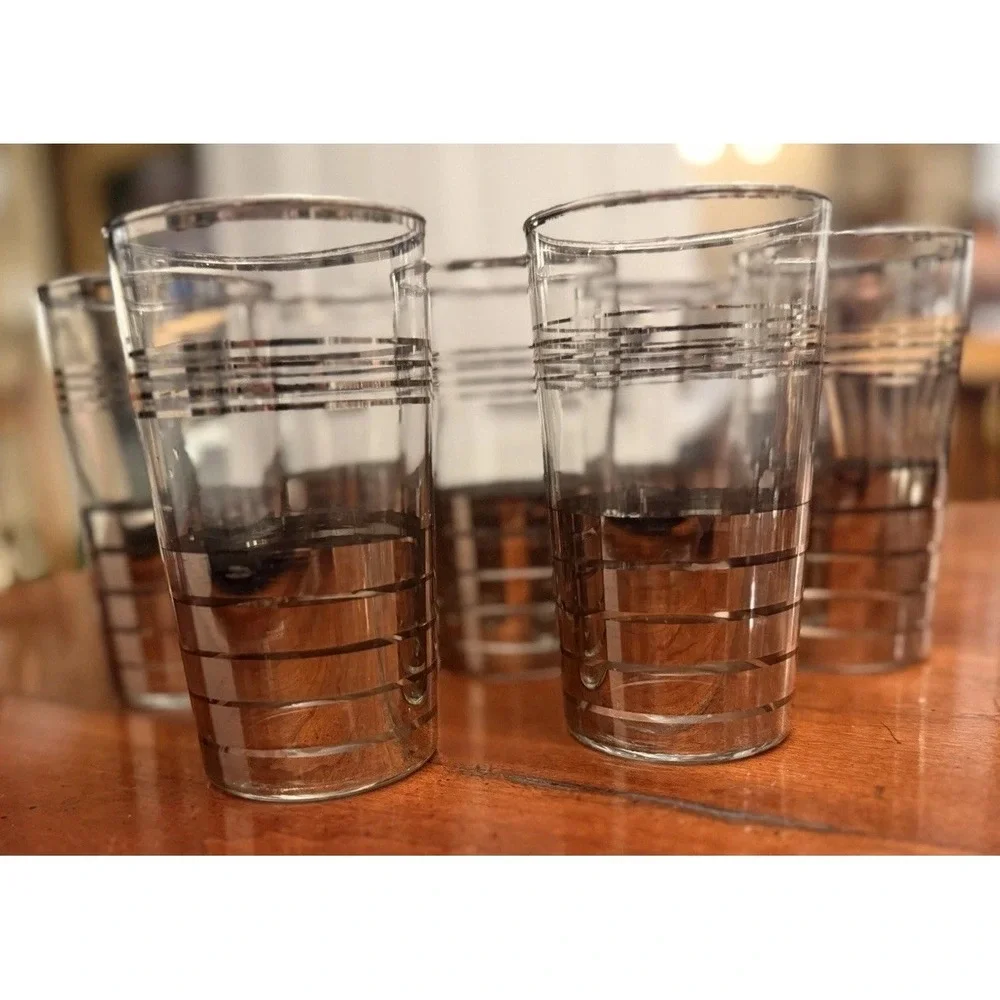 7 Vintage Mid-Century Modern Glass Silver Striped High Ball Tumblers 5 .5 X 2.5